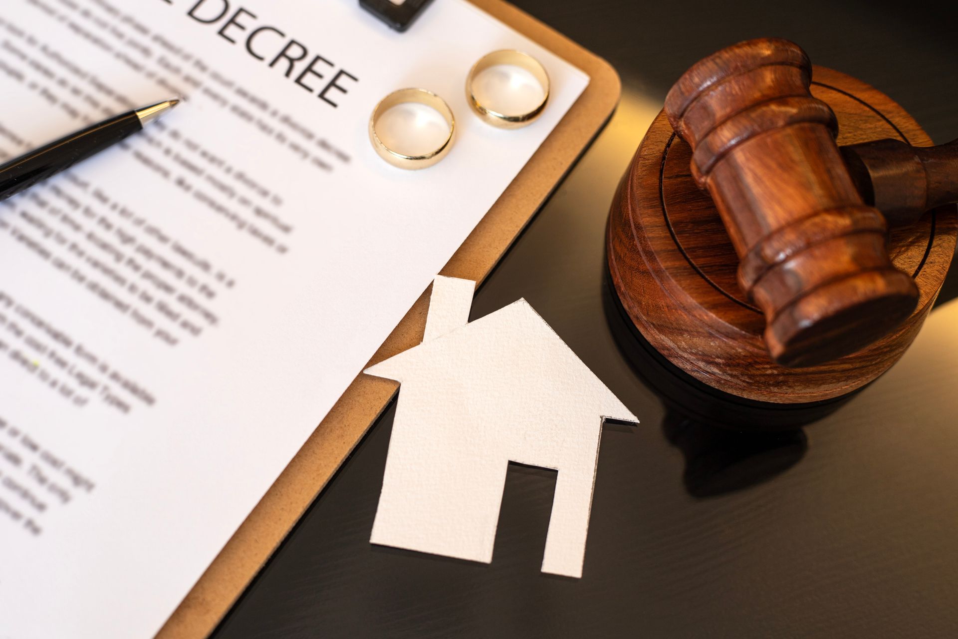 Divorce decree, rings, gavel, and house cutout on a table, symbolizing property division.