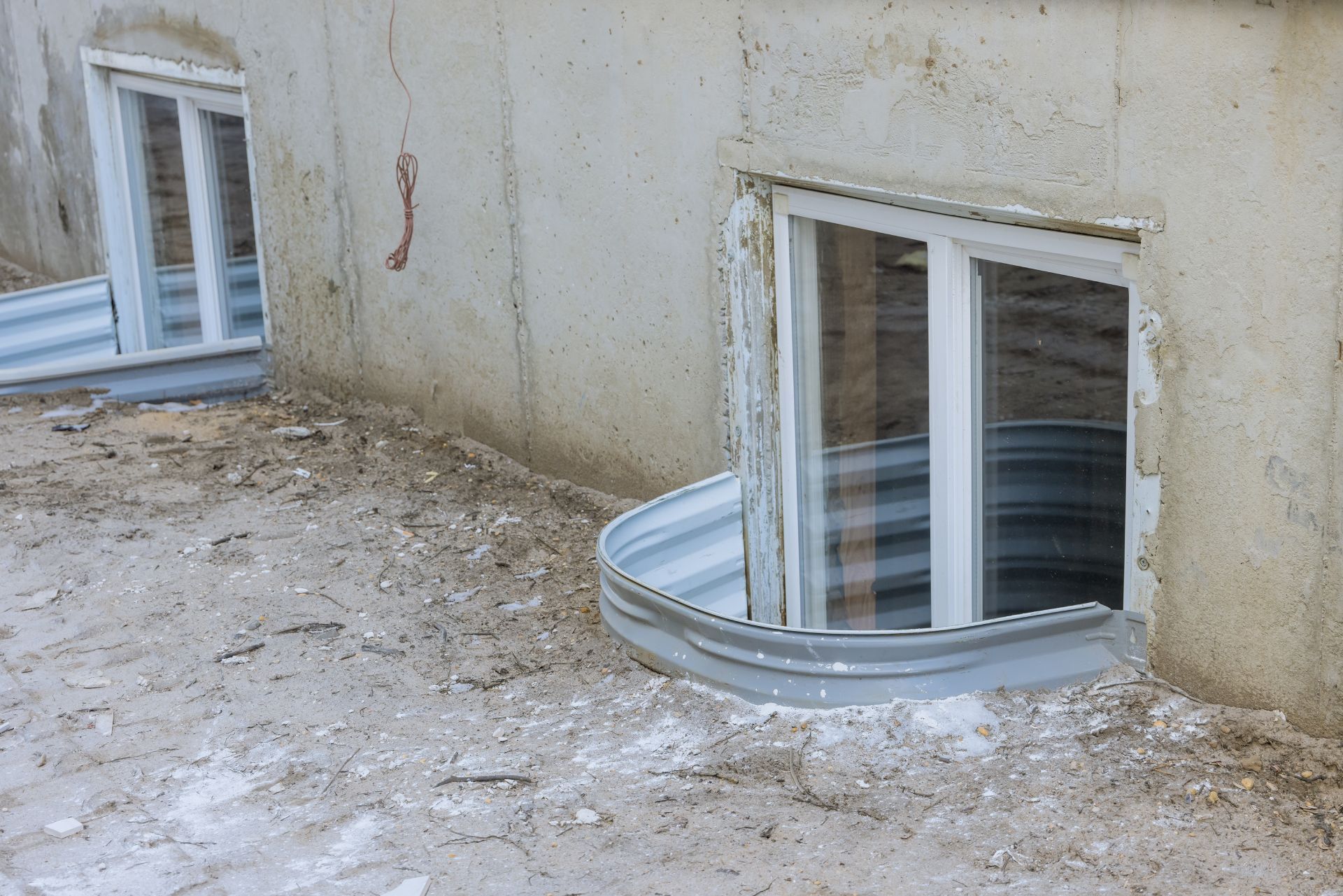 Basement windows set low to the ground beside a rough concrete wall and debris-strewn ground.