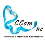A logo for a company called ccom nc with a blue ribbon in the shape of a heart.