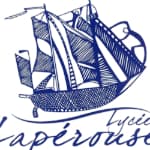 A blue and white drawing of a sailboat on a white background.