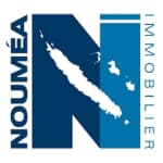 A blue and white logo for a company called noumea immobilier.