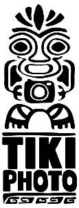 A black and white tiki photo logo with a totem pole.