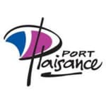 The logo for port plaisance is a purple and blue umbrella with a cross in the middle.