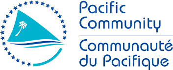 Logo de la Communauté du Pacifique en bleu avec une icône de voilier turquoise et une bordure en forme d'étoile