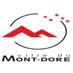 The logo for mont dore is a red mountain in a circle with stars.