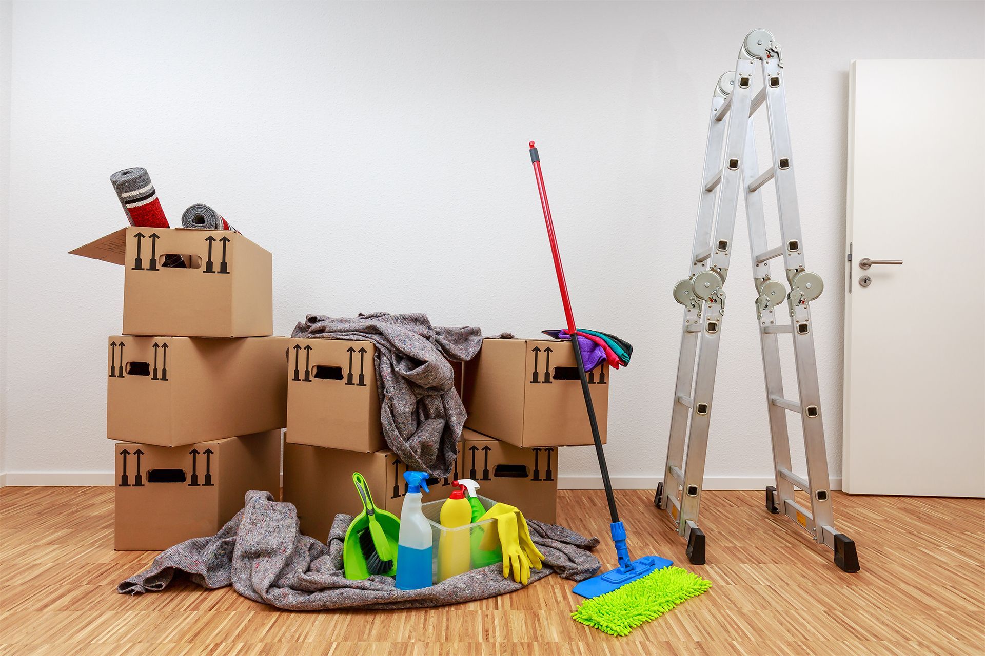moving boxes and cleaning materials