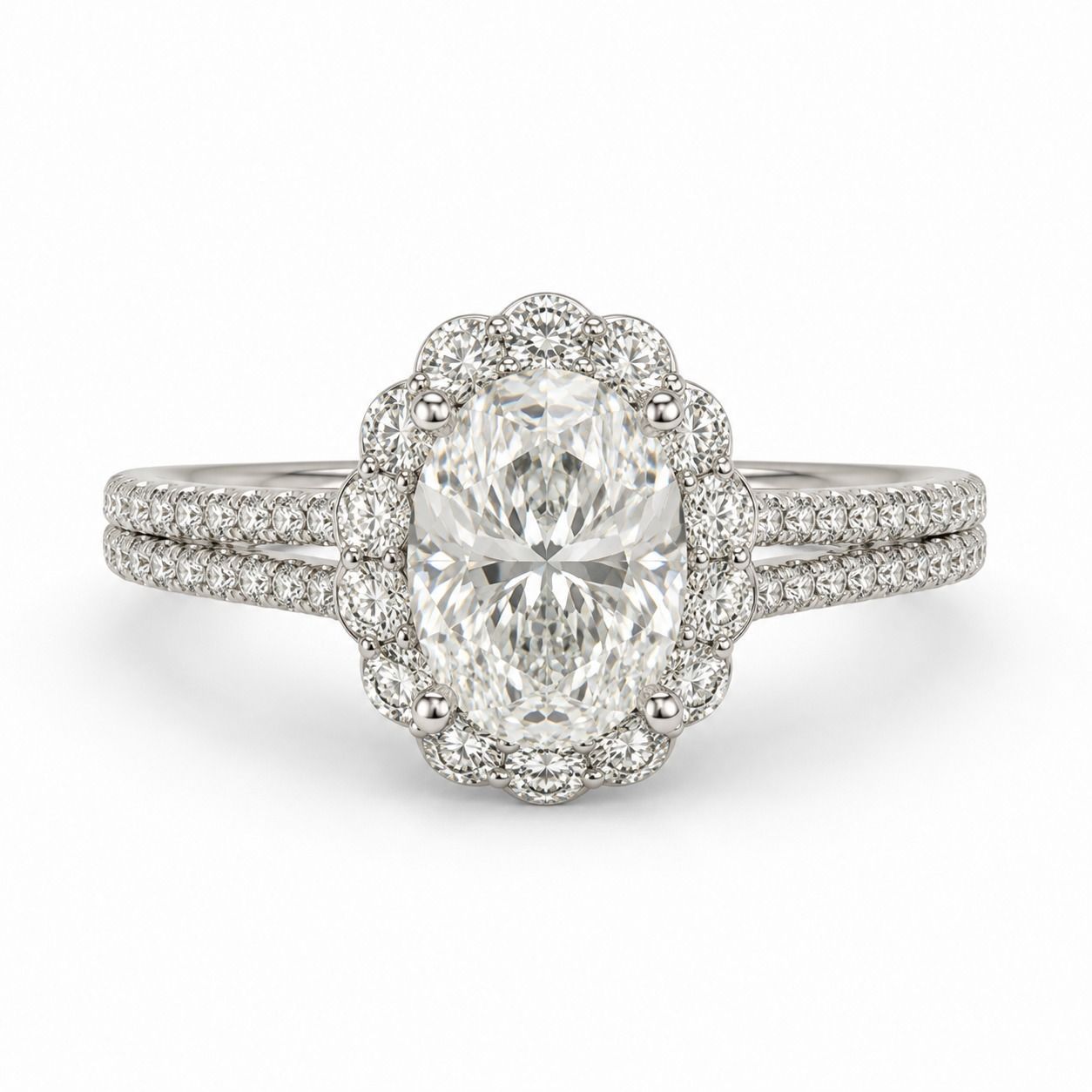 3.01ct Oval Halo Engagement Ring with Split Shank in 18K White Gold
