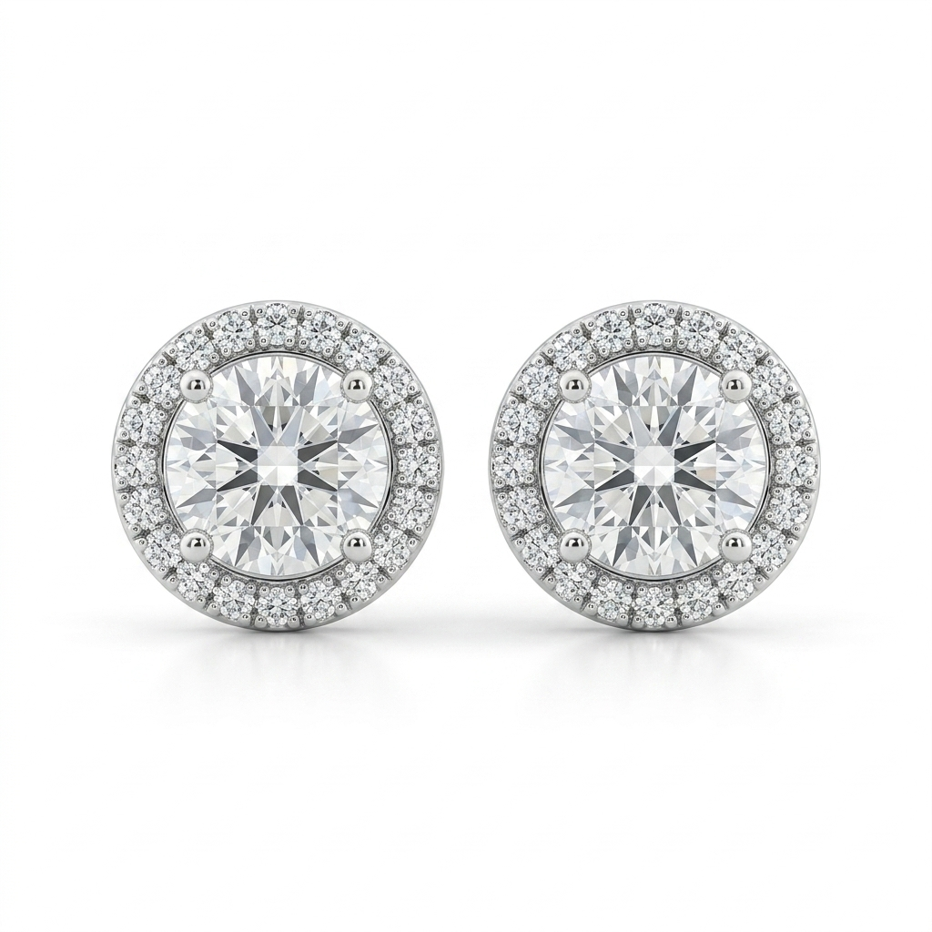 1.00ct Round Halo Diamond Stud Earrings 18K White Gold