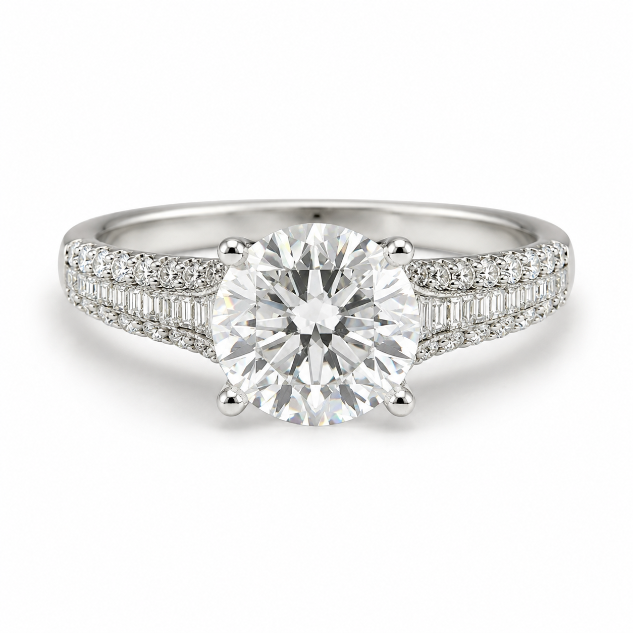 5.08ct Round Lab Diamond - 18K White Gold Baguette Engagement Ring