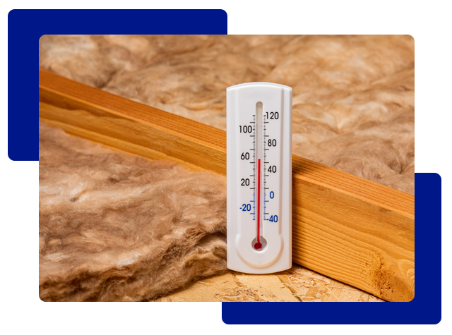 Thermometer on wooden beam with insulation; measures temperature.