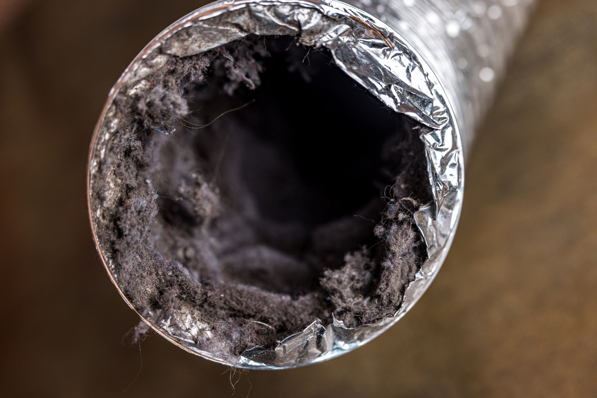 Close-up of a dryer vent clogged with thick gray lint.