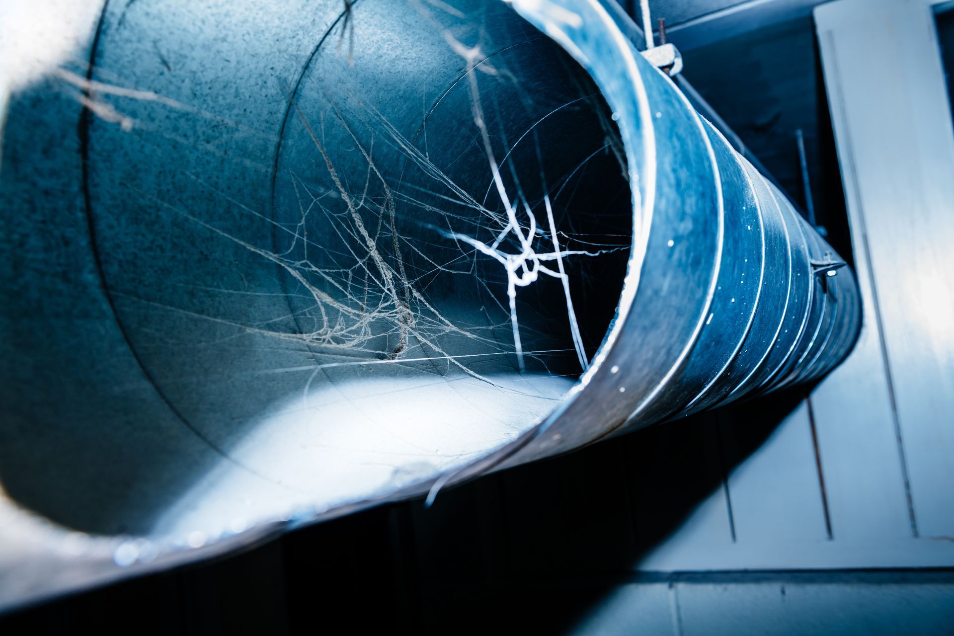 Inside of a metal air duct with spiderwebs.