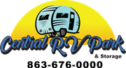 Logo for Central RV Park: Two light blue RVs, yellow sun, blue text, phone number 863-676-0000.