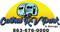 Logo for Central RV Park: Two light blue RVs, yellow sun, blue text, phone number 863-676-0000.