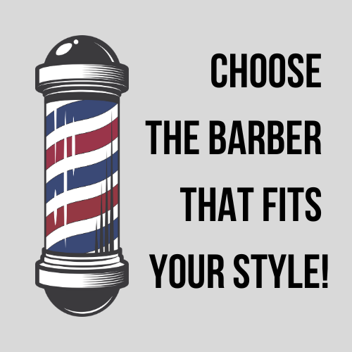 A barber pole with the words choose the barber that fits your style