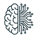 Black-and-white brain half with circuit board lines, symbolizing artificial intelligence and technology.