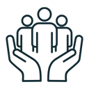Two hands supporting a group of three people icons, suggesting care and community