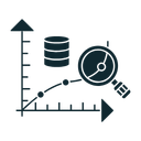 Data analytics icon with chart, database, and magnifying glass