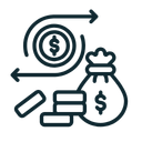 Money transfer and payment icons with bills, coin, and a money bag in black outline.