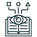 Open book with eye icon and connected shapes above, suggesting learning, vision, and ideas.