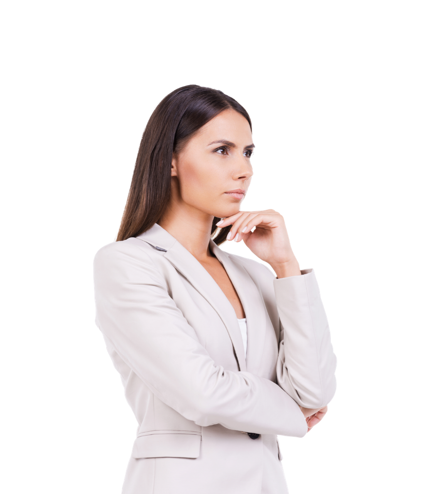 Woman in a light blazer looking thoughtful with her hand on her chin against a white background
