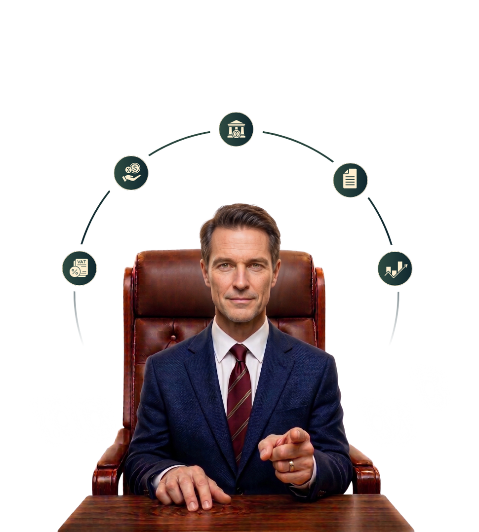 Businessman in a navy suit sits at a desk, pointing forward, with small icons arching above his head.