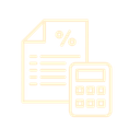Outlined document and calculator icons in pale yellow on a white background.