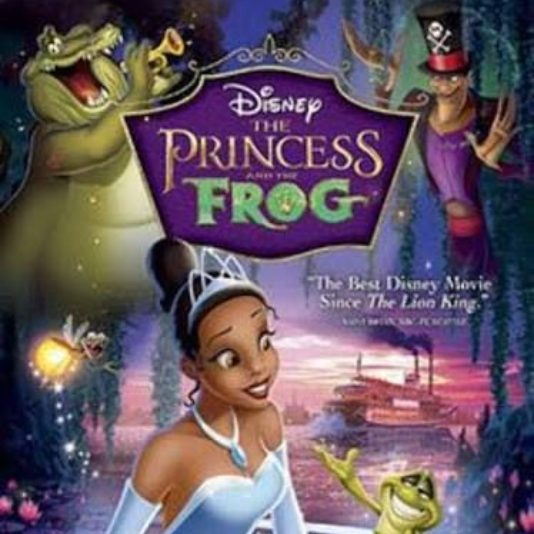 Disney’s The Princess and the Frog poster with Tiana, Louis, and Dr. Facilier against a purple New Orleans backdrop