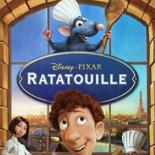 Disney Pixar Ratatouille poster with Remy above the title and characters below in Paris.