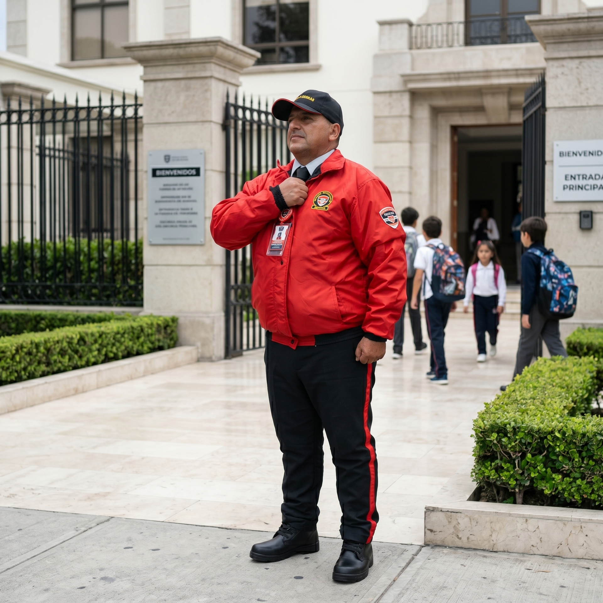 Guarda Seguridad privada Un guardia de seguridad con chaqueta roja está de pie frente a un edificio, hablando por radio mientras la gente pasa.