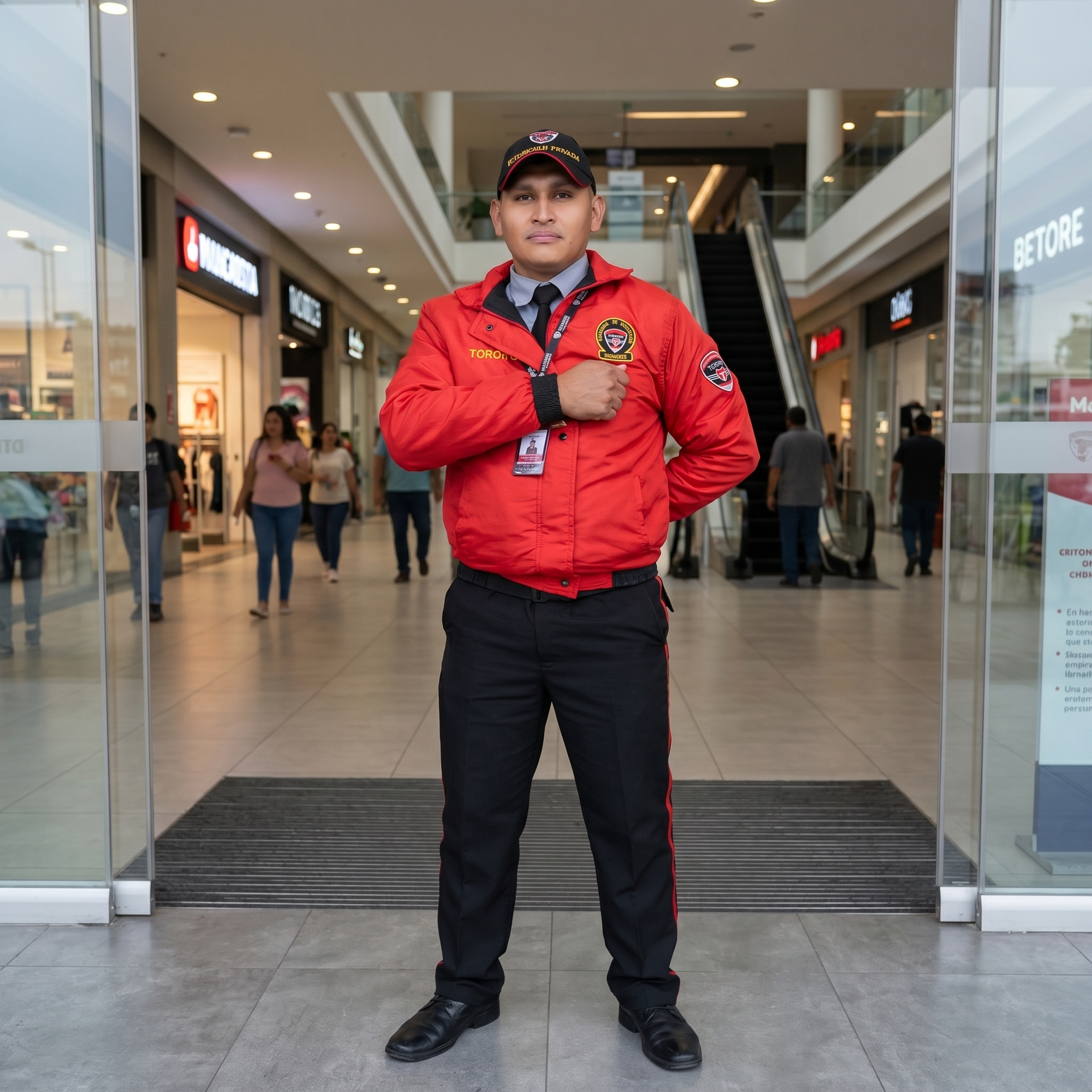 Toronto seguridad Hombre con chaqueta roja de pie en la entrada de un centro comercial con un micrófono.