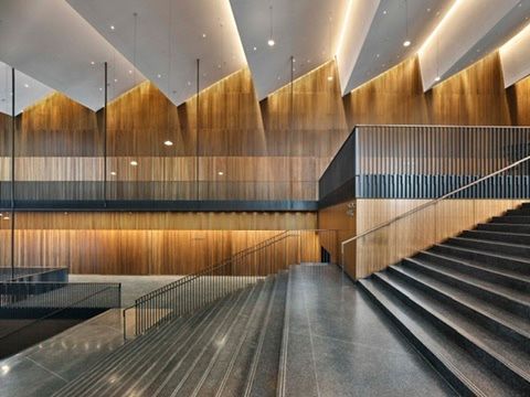 Interior of a modern building with wooden paneling, a staircase, and geometric ceiling lighting.
