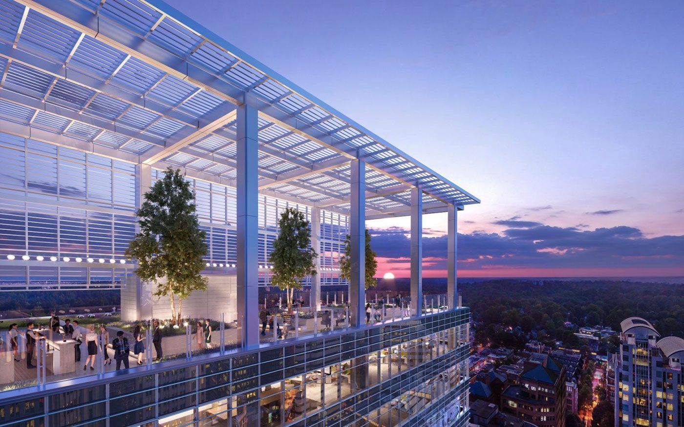 Exterior on Rooftop of a building with a metal trellis structure. Cloudy sky above.