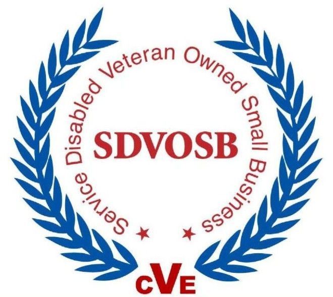 SDVOSB seal, blue laurel wreath around red text: 