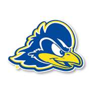 Blue Jay mascot head with yellow beak, white eye, and angry expression.