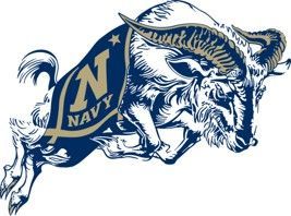Navy Midshipmen mascot, a charging ram, navy blue and gold.