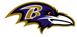 Baltimore Ravens logo: A purple raven head with a gold outline, a white beak, and a red eye.