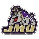 JMU Dukes logo: bulldog in purple crown and cape over 