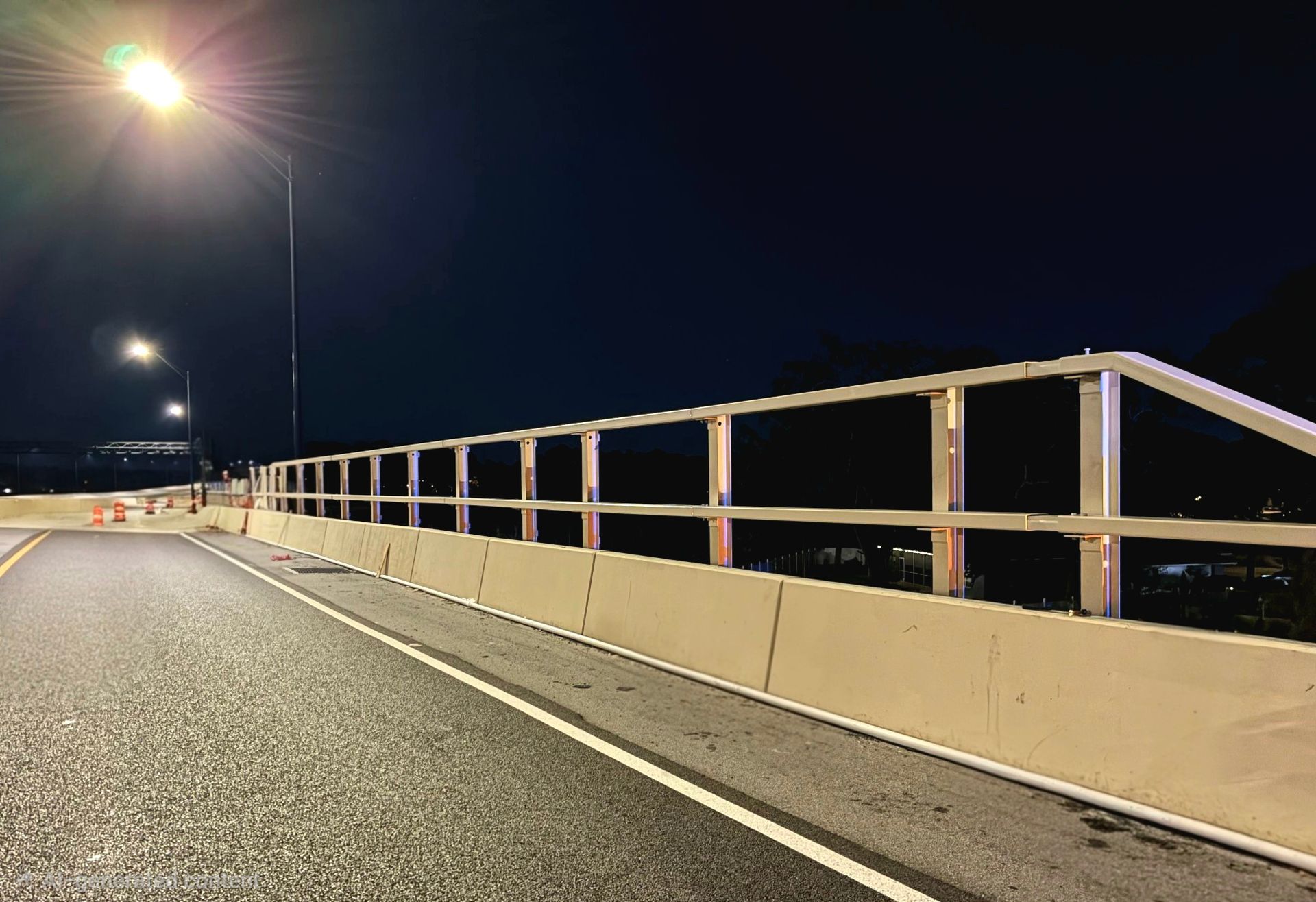 Concrete bridge side with metal supports and a streetlight under a blue sky.
