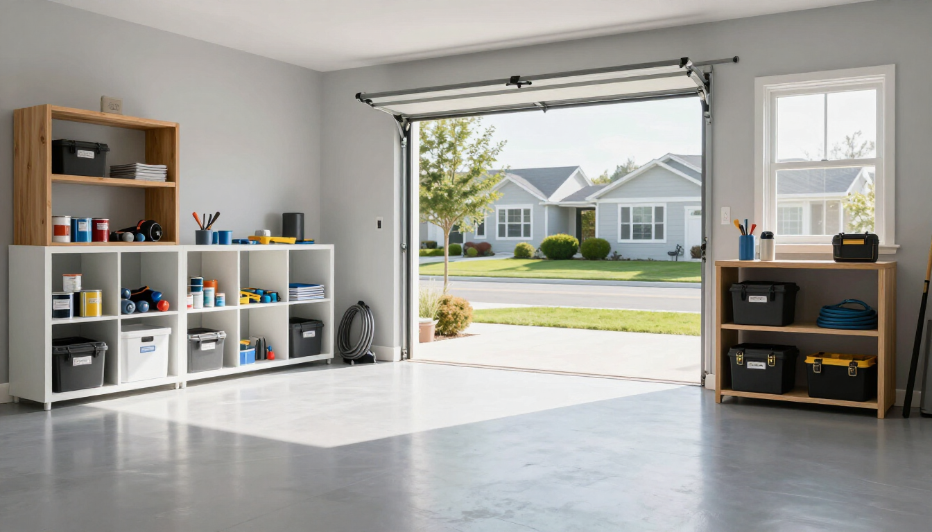 A clean and organized suburban garage during a spring cleanout project.