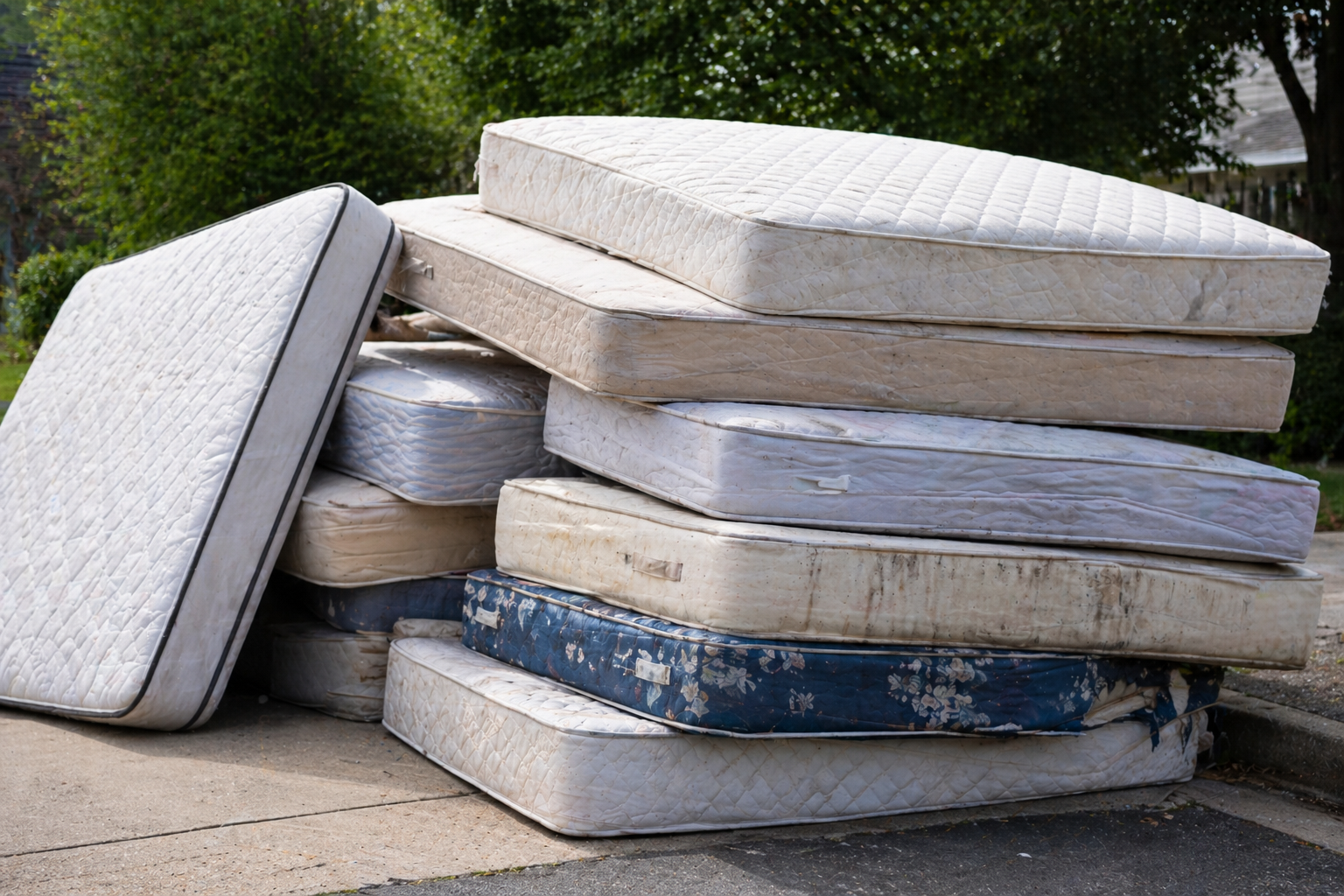 A blue mattress and a wooden headboard leaning against a tree on a residential lawn.