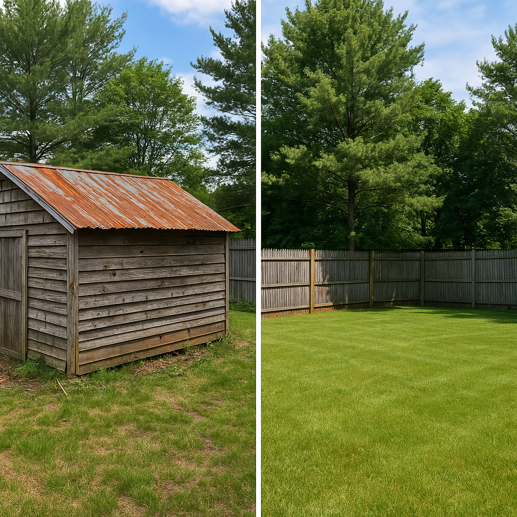 A side-by-side comparison of a backyard, showing a weathered wooden shed with a rusted metal roof before and after removal.