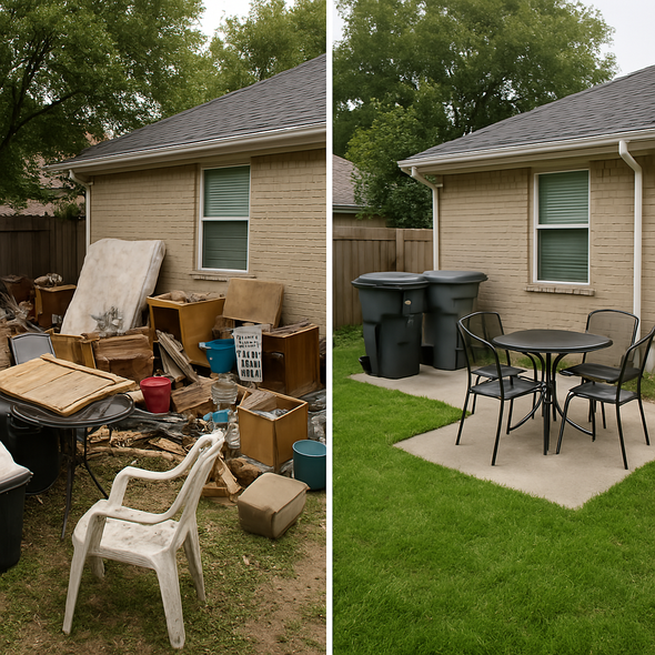 Before-and-after view of a backyard corner cleared of clutter to reveal a clean concrete patio with a table and chairs.