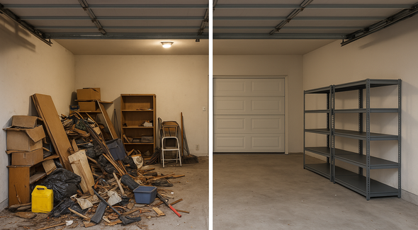 A split-screen comparison of a garage before and after cleaning, showing a cluttered mess versus empty metal shelving.