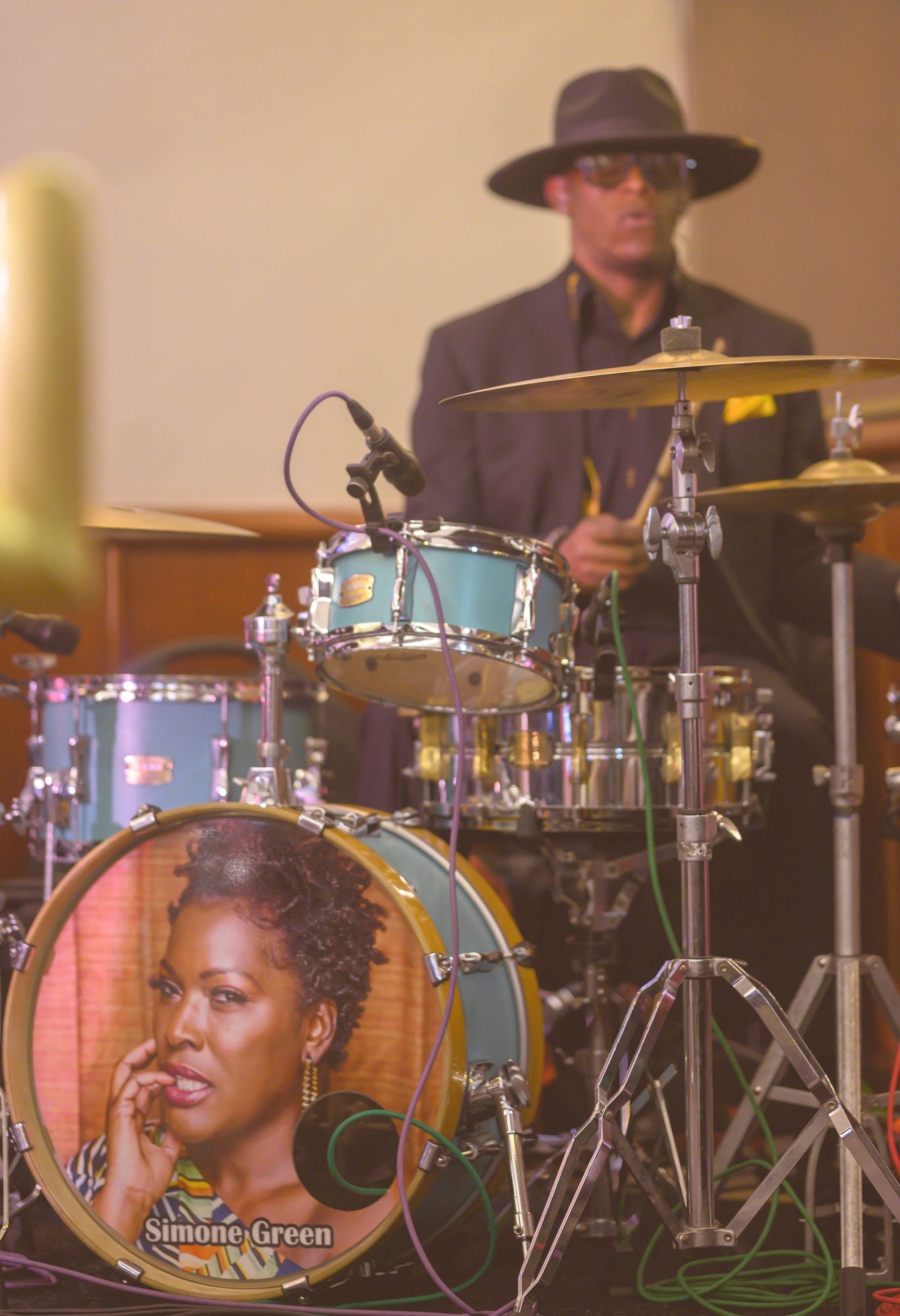 A drum set with a picture of a woman on it