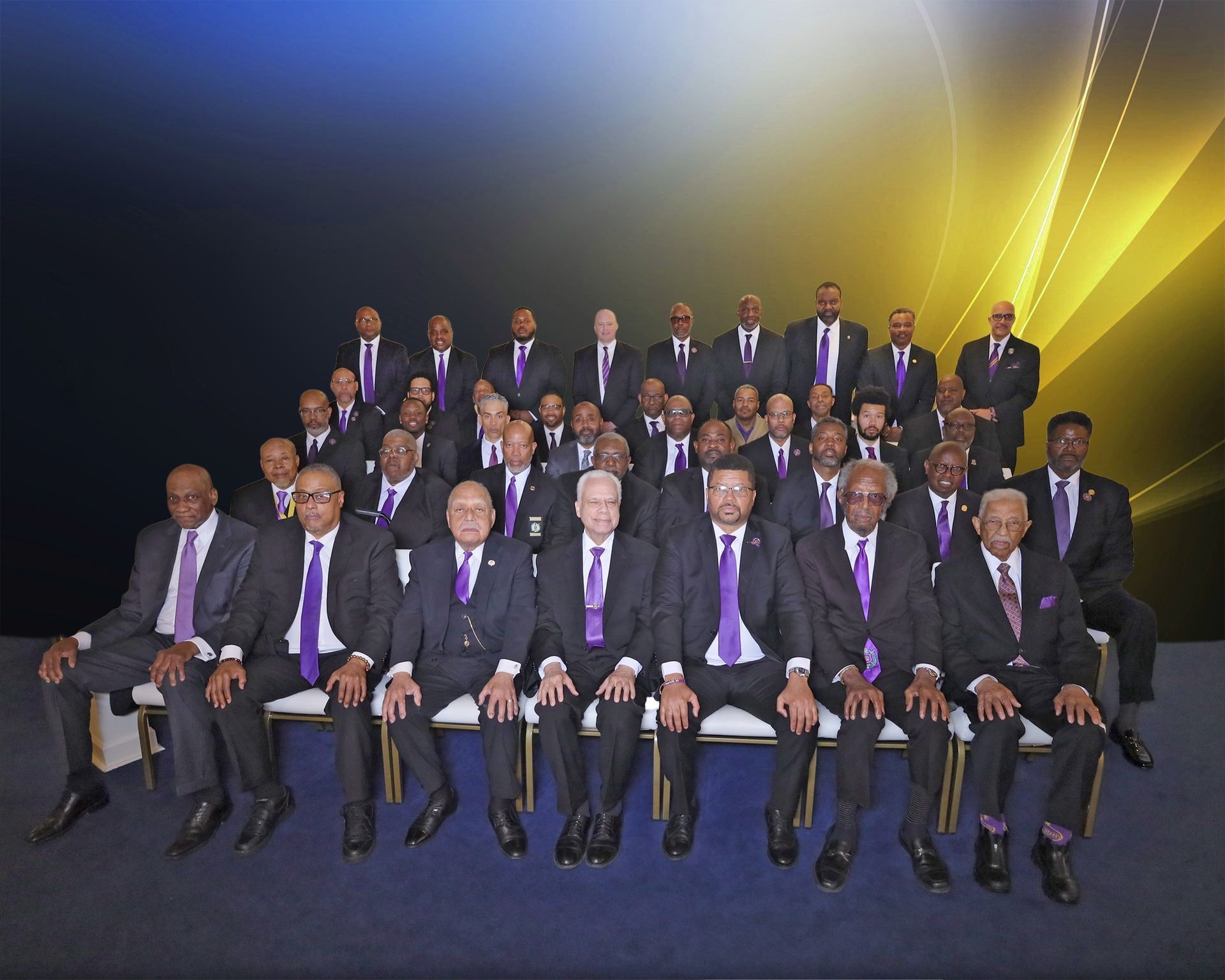 Brothers of Sigma Omega Chapter gathered together in purple and gold