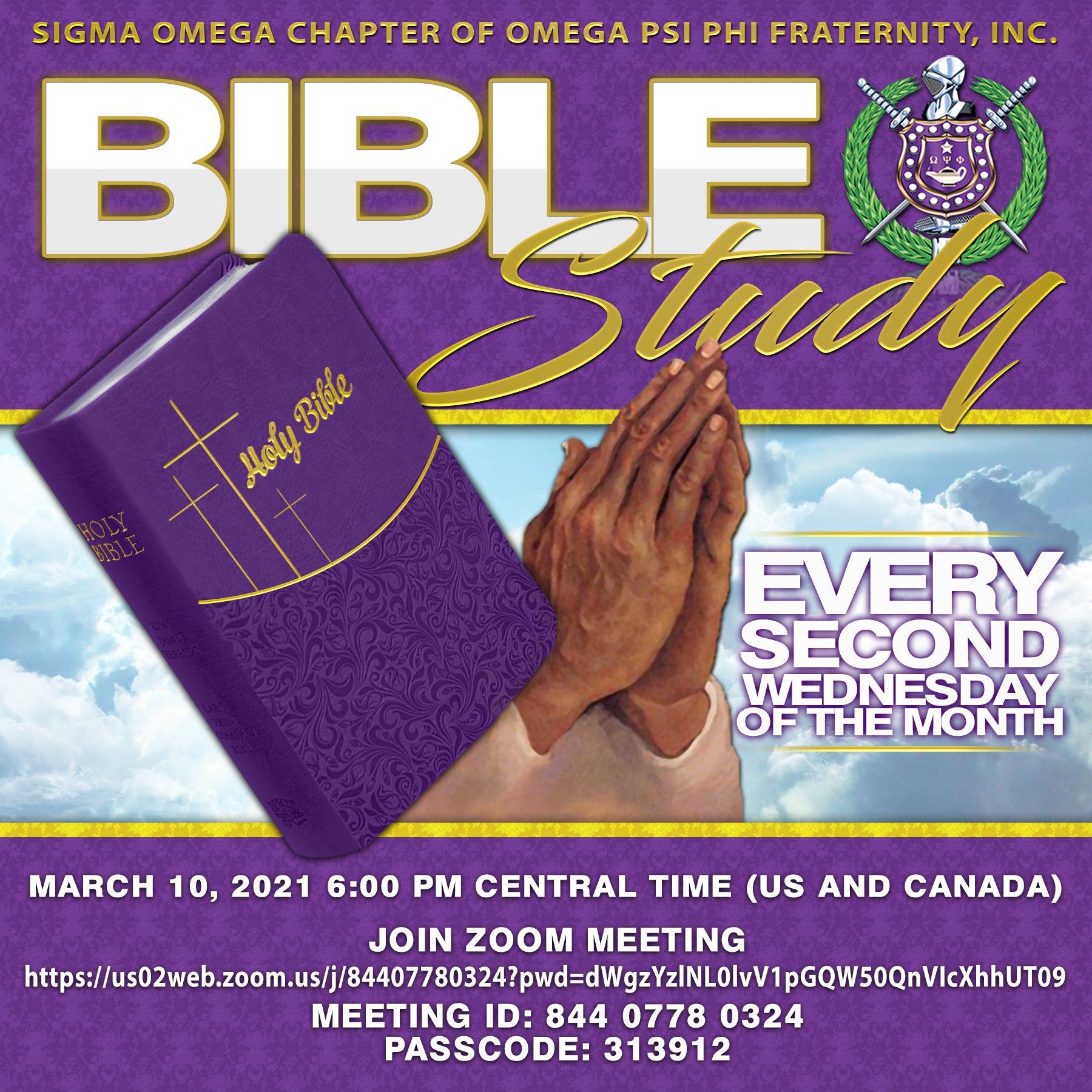 A poster for a bible study that takes place every second wednesday of the month