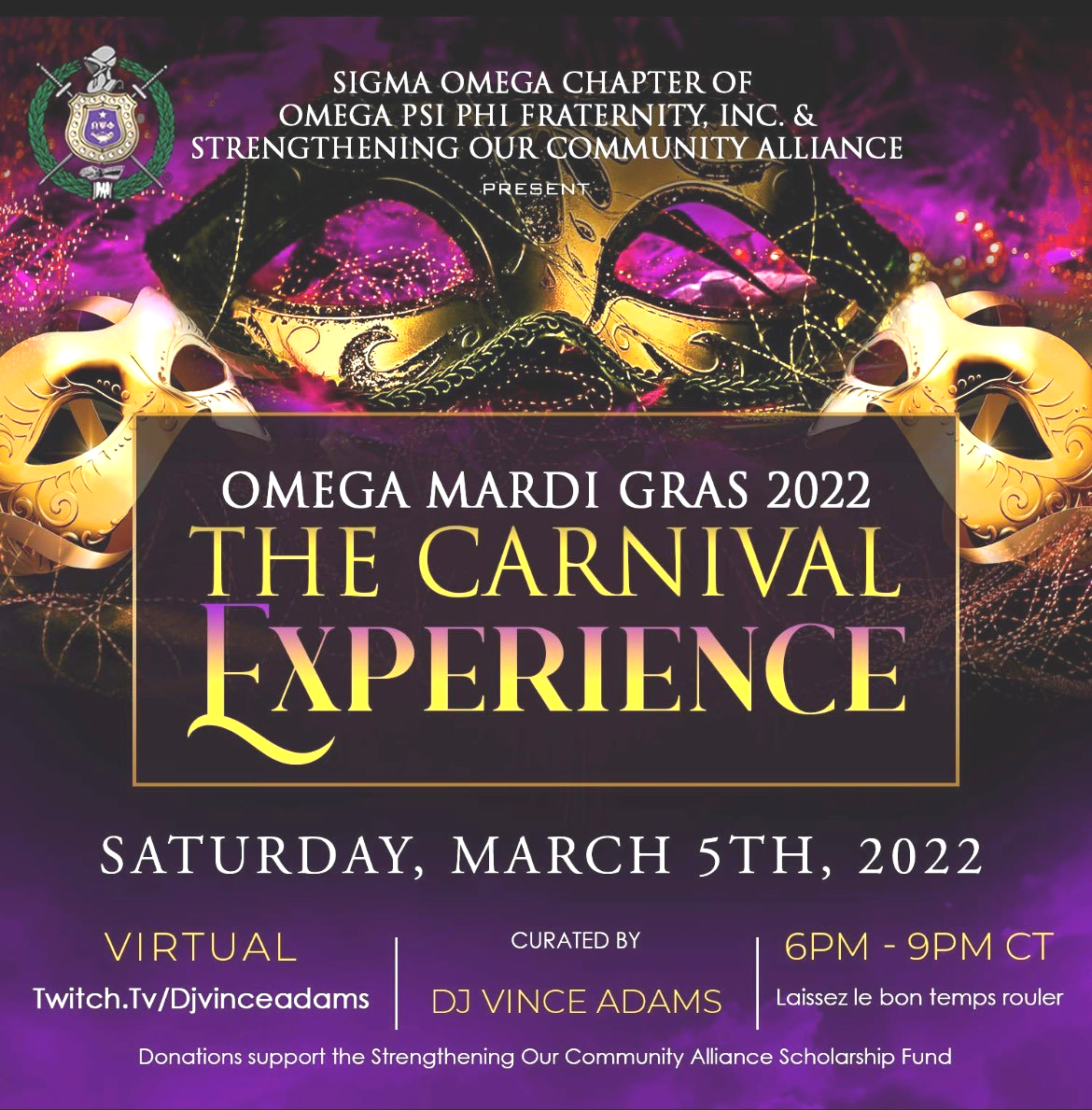 A poster for omega mardi gras 2022 the carnival experience