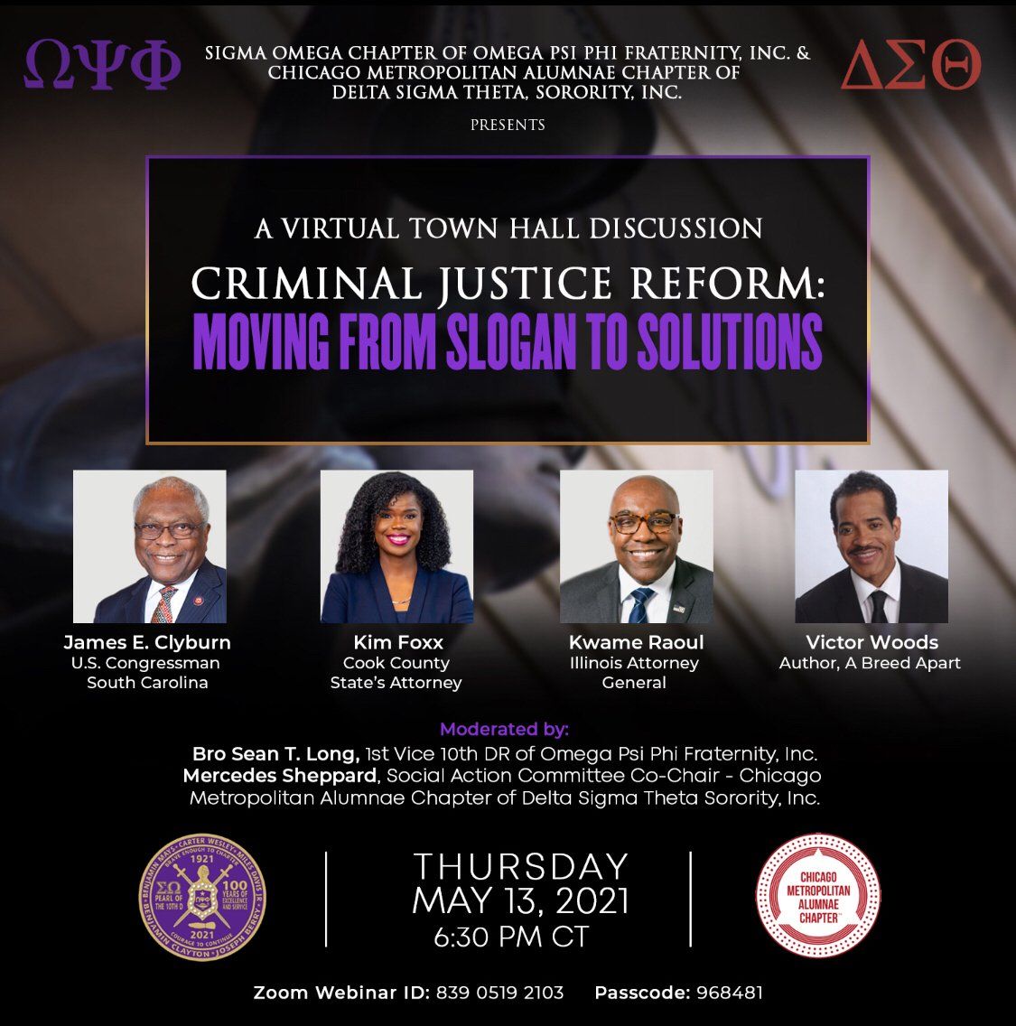 A poster for a virtual town hall discussion on criminal justice reform