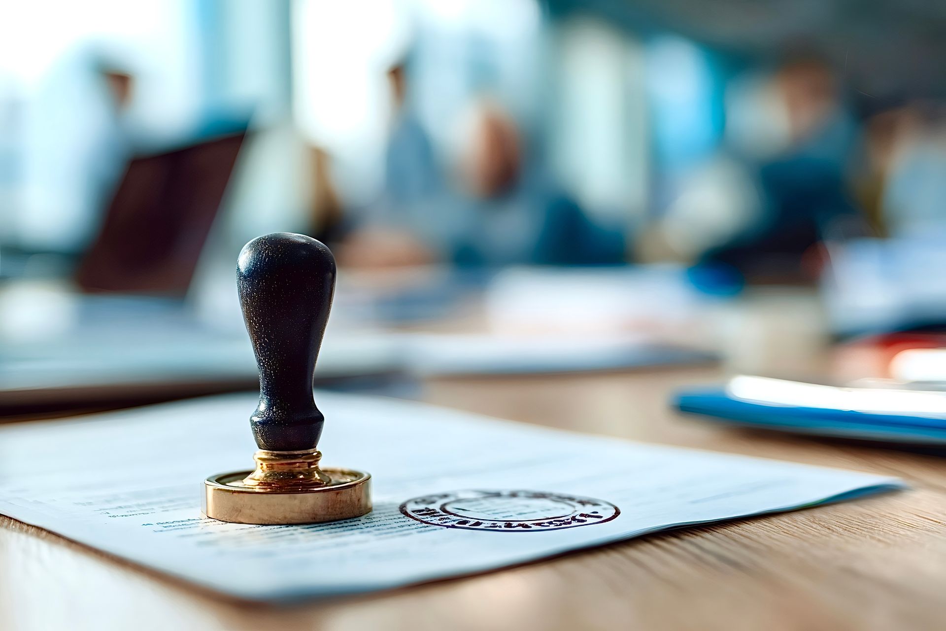 A wooden notary seal resting on a document on a blurred office desk.